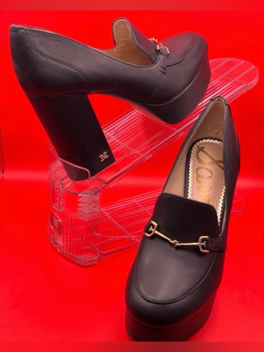 Sam Edelman Aretha Black Leather Platform Loafers Gold Horsebit Block Heel 6.5M